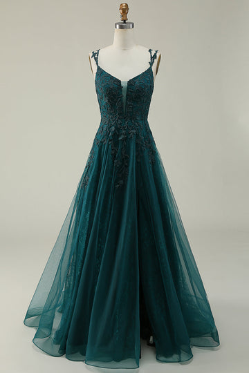 Correas de Espagueti Verde Oscuro Vestido de Gradaución Con Apliques
